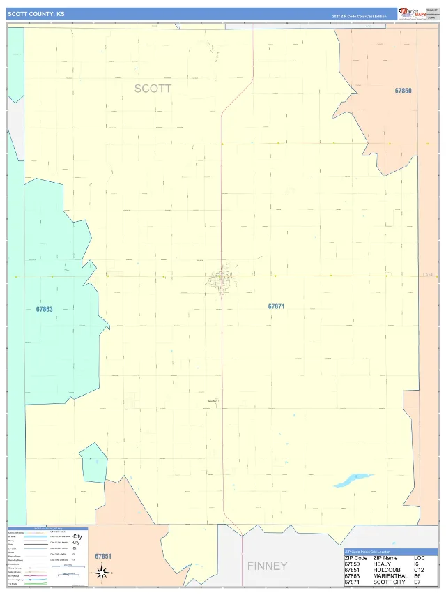 Scott County, KS ZIP Code Wall Map, ColorCast style