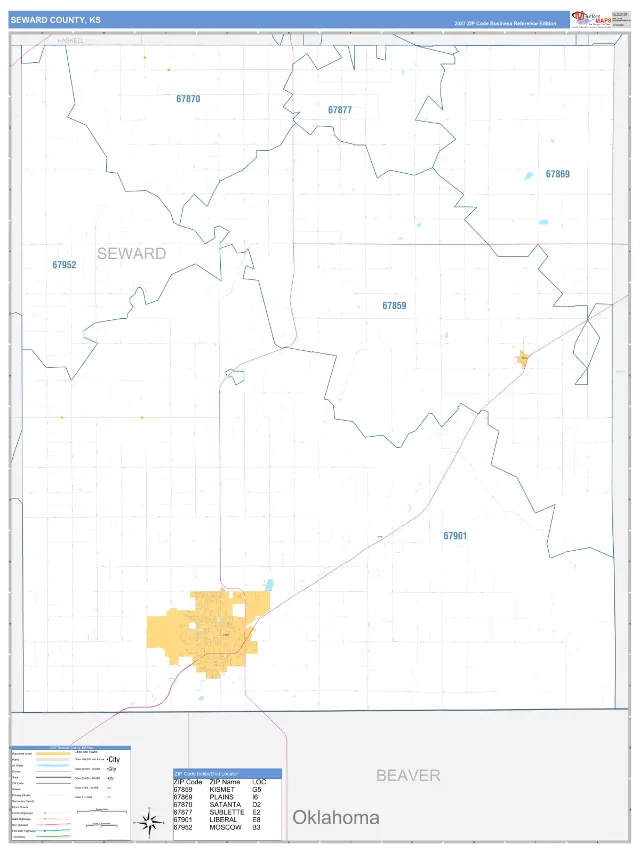 Seward County, KS ZIP Code Wall Map, Business Reference style