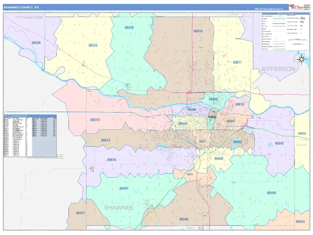 Shawnee County, KS ZIP Code Wall Map, ColorCast style