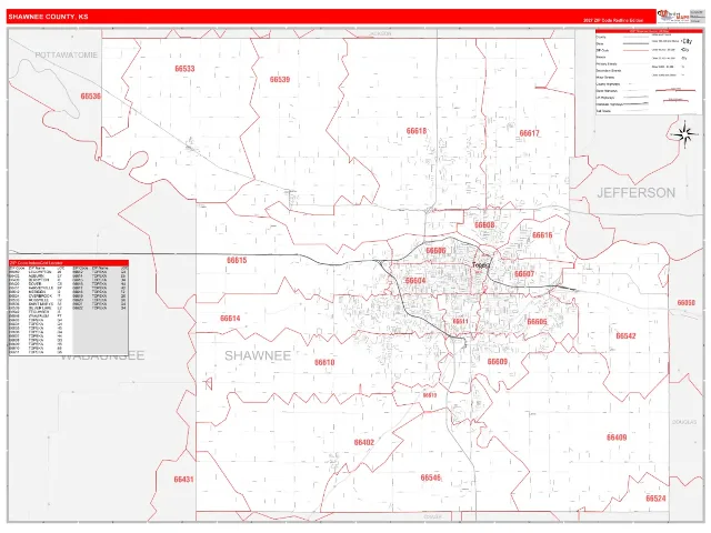 Shawnee County, KS ZIP Code Wall Map, RedLine style