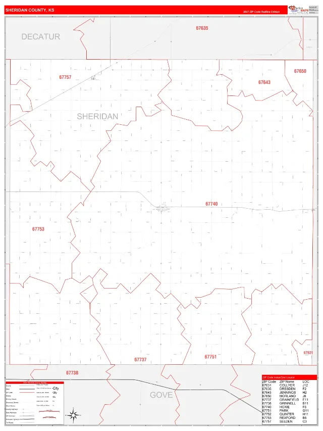 Sheridan County, KS ZIP Code Wall Map, RedLine style