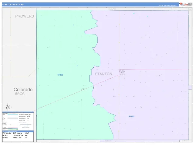 Stanton County, KS ZIP Code Wall Map, ColorCast style
