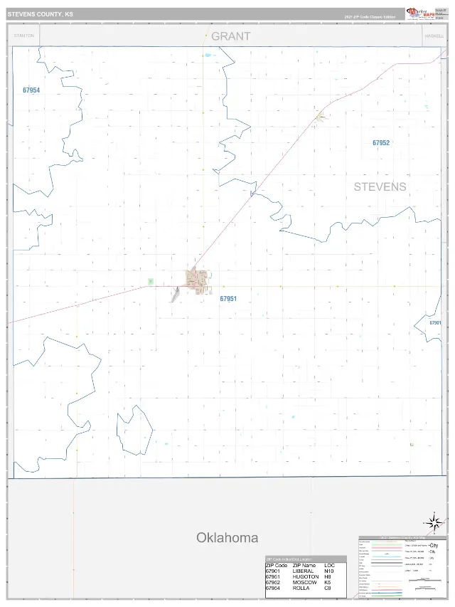 Stevens County, KS ZIP Code Wall Map, Classic style