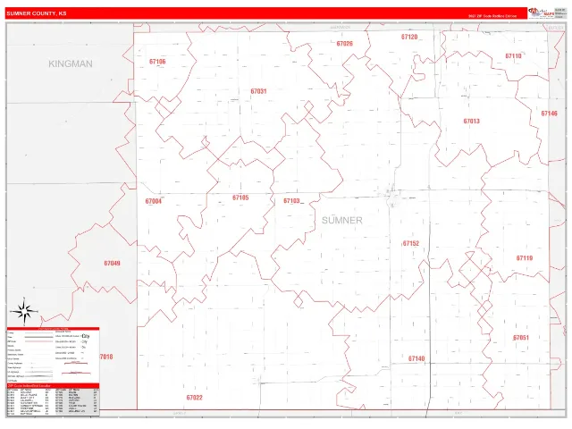Sumner County, KS ZIP Code Wall Map, RedLine style