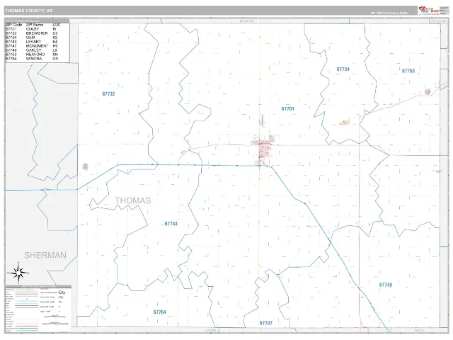 Thomas County, KS ZIP Code Wall Map, Classic style