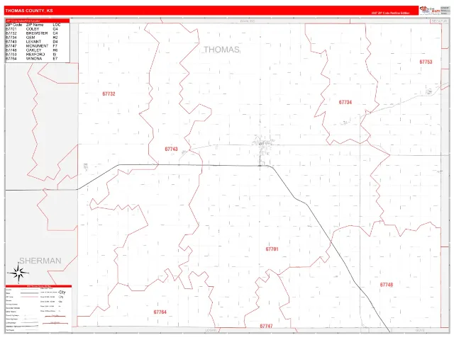 Thomas County, KS ZIP Code Wall Map, RedLine style