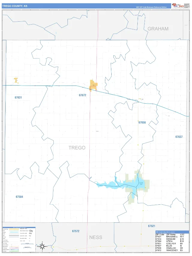 Trego County, KS ZIP Code Wall Map, Business Reference style