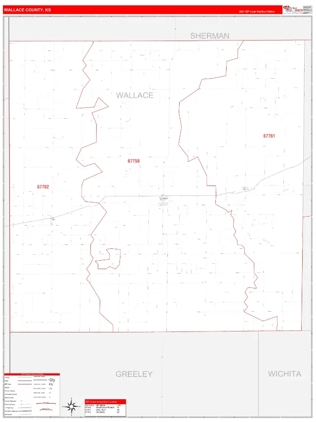 Wallace County, KS ZIP Code Wall Map, RedLine style