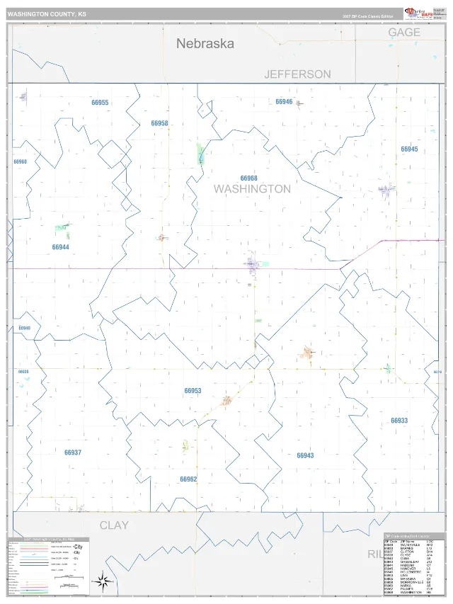 Washington County, KS ZIP Code Wall Map, Classic style