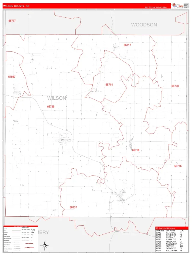 Wilson County, KS ZIP Code Wall Map, RedLine style