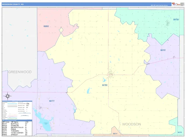 Woodson County, KS ZIP Code Wall Map, ColorCast style