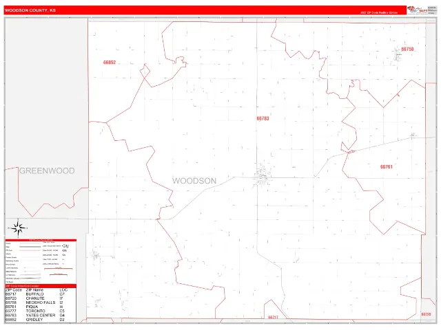 Woodson County, KS ZIP Code Wall Map, RedLine style