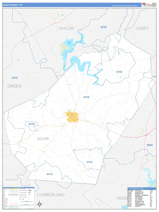 Adair County, KY ZIP Code Wall Map, Business Reference style