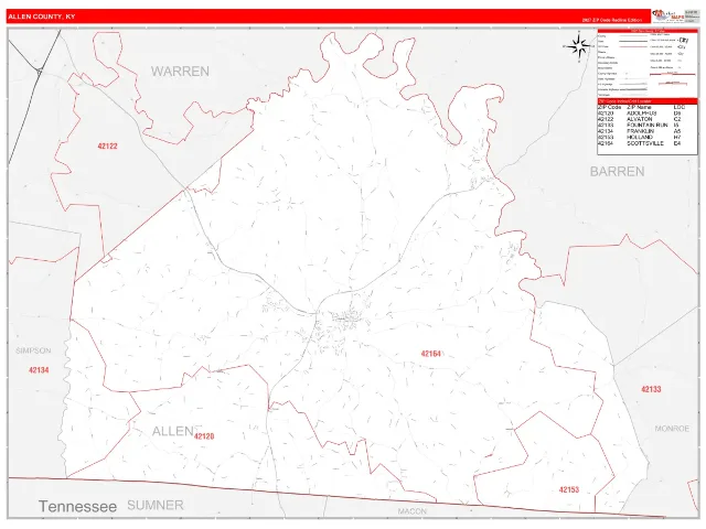 Allen County, KY ZIP Code Wall Map, RedLine style