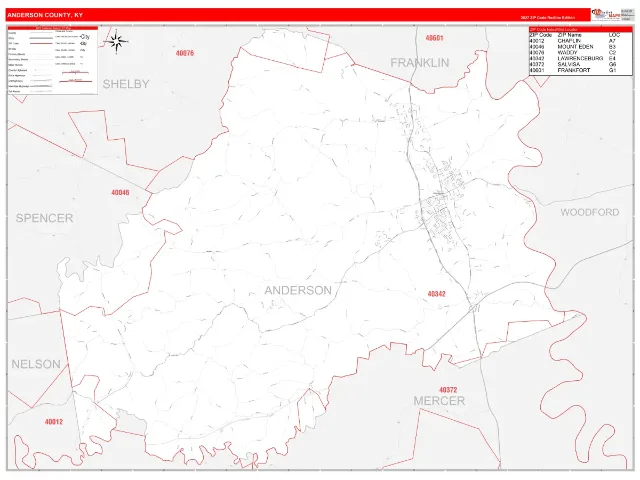 Anderson County, KY ZIP Code Wall Map, RedLine style