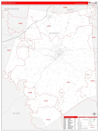 Barren County, KY RedLine style ZIP Code wall map