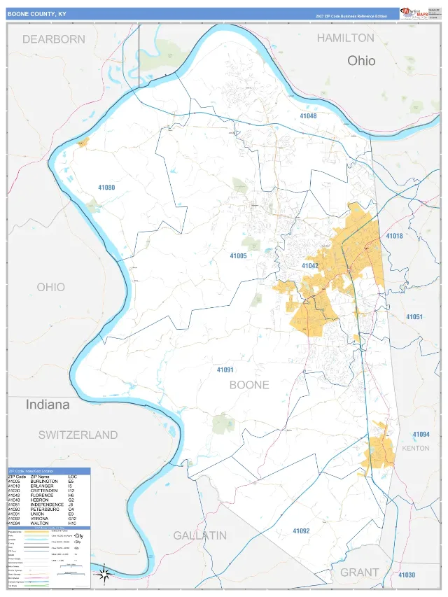 Boone County, KY ZIP Code Wall Map, Business Reference style