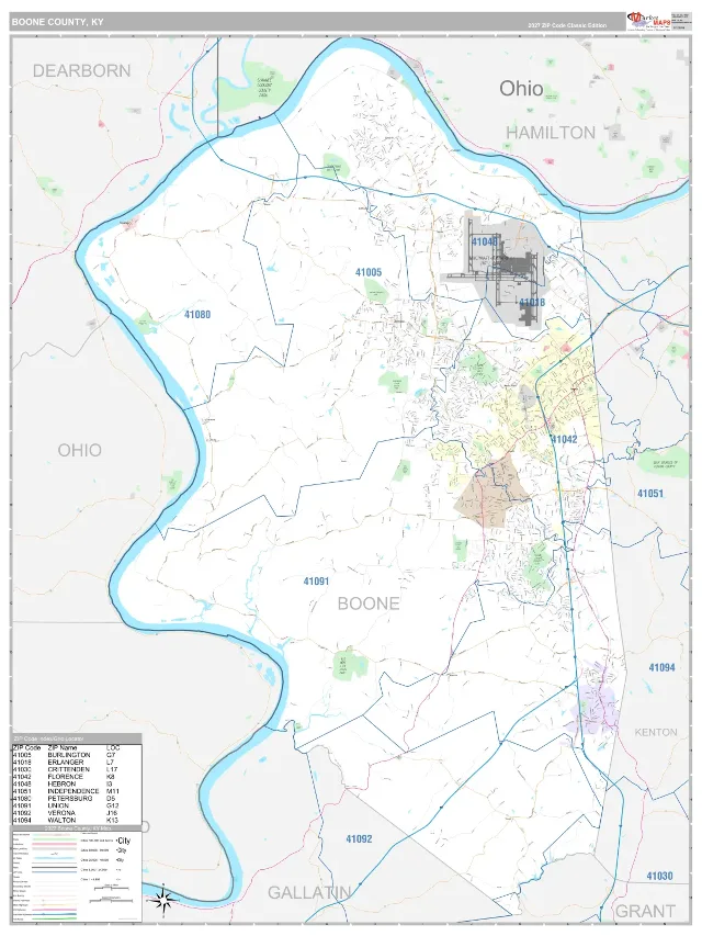 Boone County, KY ZIP Code Wall Map, Classic style