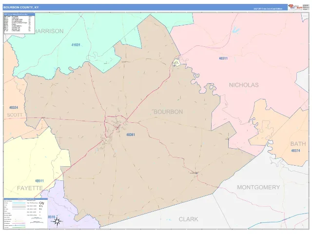 Bourbon County, KY ZIP Code Wall Map, ColorCast style