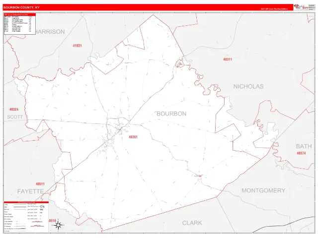 Bourbon County, KY ZIP Code Wall Map, RedLine style