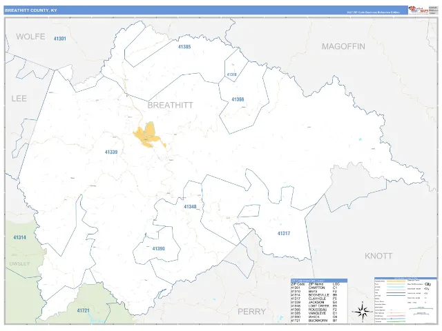 Breathitt County, KY ZIP Code Wall Map, Business Reference style