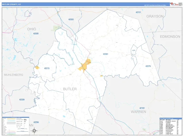 Butler County, KY ZIP Code Wall Map, Business Reference style