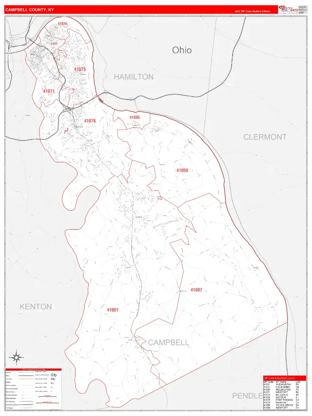 Campbell County, KY ZIP Code Wall Map, RedLine style