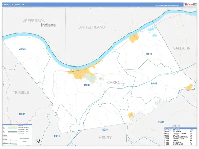 Carroll County, KY ZIP Code Wall Map, Business Reference style
