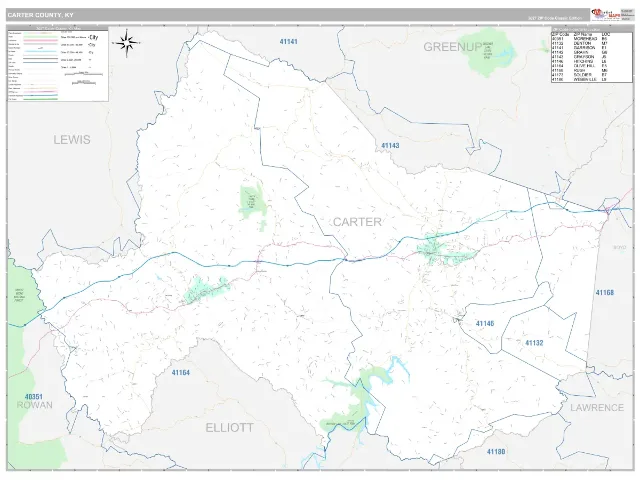 Carter County, KY ZIP Code Wall Map, Classic style