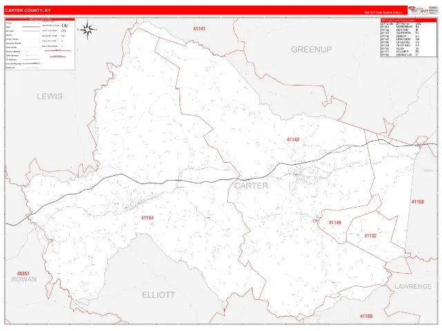 Carter County, KY ZIP Code Wall Map, RedLine style