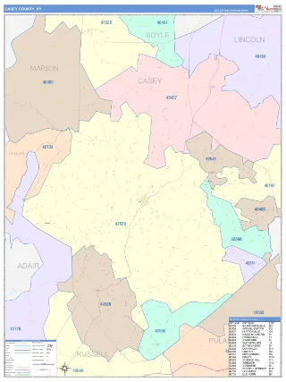 Casey County, KY ColorCast style ZIP Code wall map