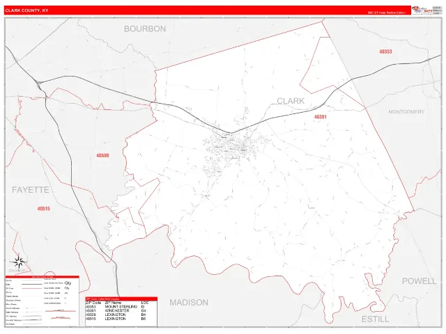 Clark County, KY ZIP Code Wall Map, RedLine style