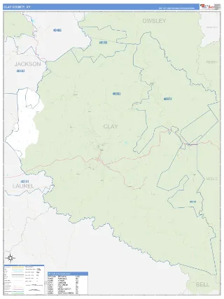 Clay County, KY Business Reference style ZIP Code wall map