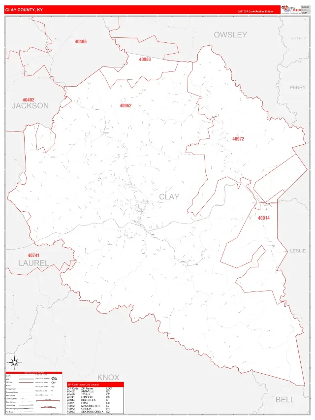 Clay County, KY ZIP Code Wall Map, RedLine style