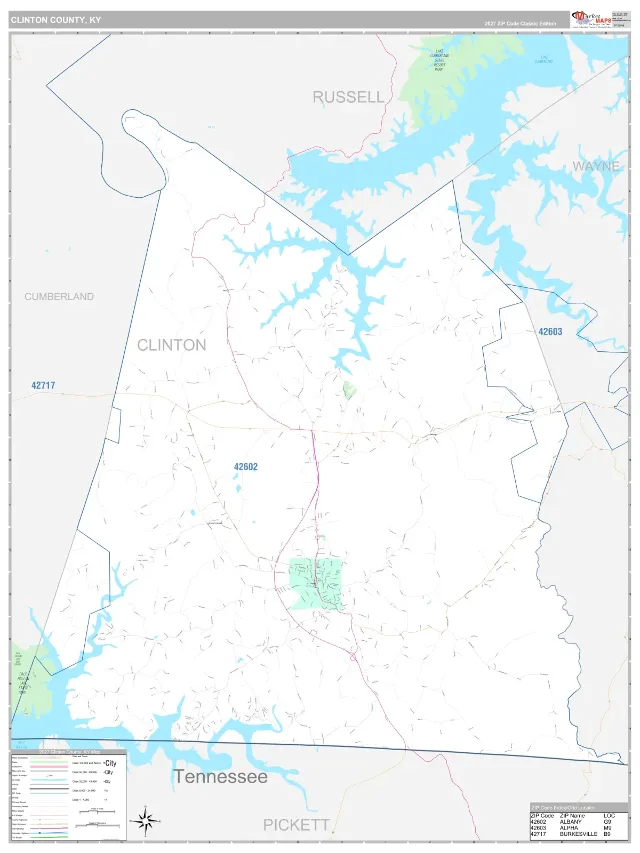 Clinton County, KY ZIP Code Wall Map, Classic style