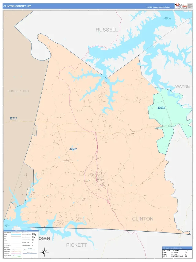 Clinton County, KY ZIP Code Wall Map, ColorCast style