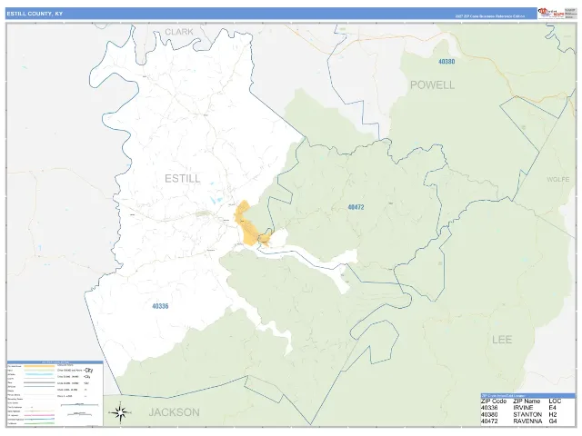 Estill County, KY ZIP Code Wall Map, Business Reference style