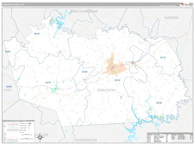 Grayson County, KY ZIP Code Wall Map, Classic style