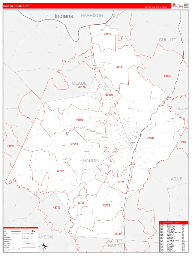 Hardin County, KY ZIP Code Wall Map, RedLine style