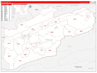 Harlan County, KY RedLine style ZIP Code wall map