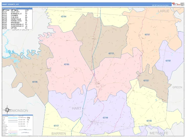 Hart County, KY ZIP Code Wall Map, ColorCast style