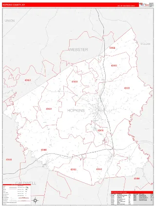 Hopkins County, KY RedLine style ZIP Code wall map