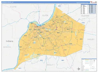Jefferson County, KY Business Reference style ZIP Code wall map