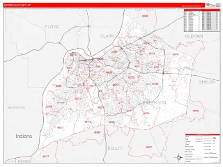 Jefferson County, KY RedLine style ZIP Code wall map