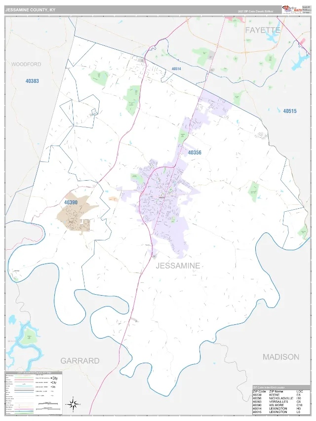 Jessamine County, KY ZIP Code Wall Map, Classic style