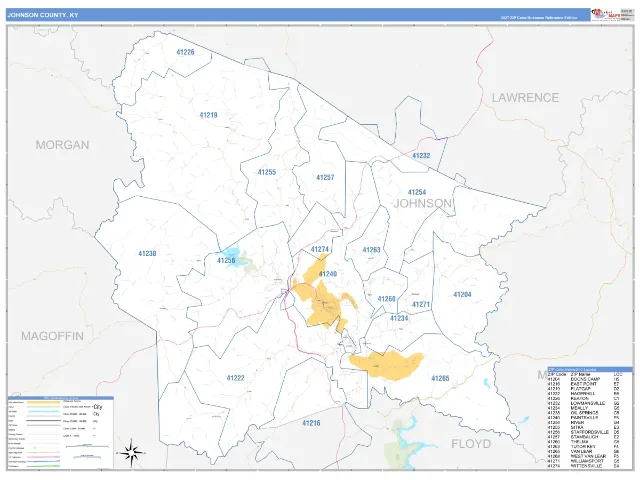 Johnson County, KY ZIP Code Wall Map, Business Reference style