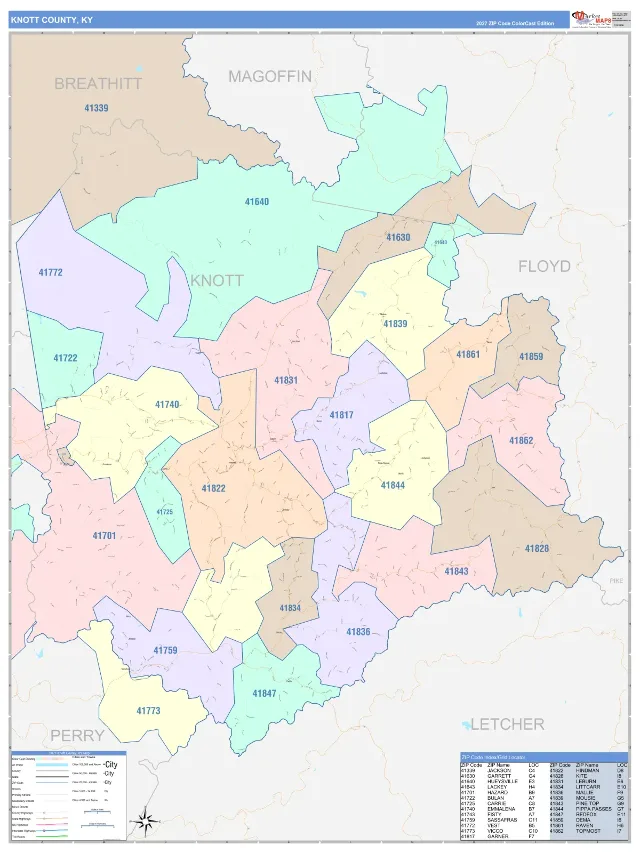 Knott County, KY ZIP Code Wall Map, ColorCast style