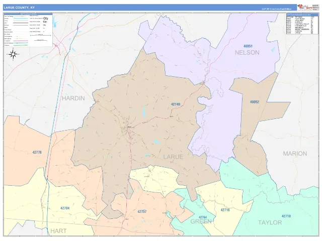 Larue County, KY ZIP Code Wall Map, ColorCast style