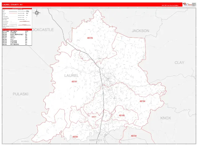 Laurel County, KY ZIP Code Wall Map, RedLine style