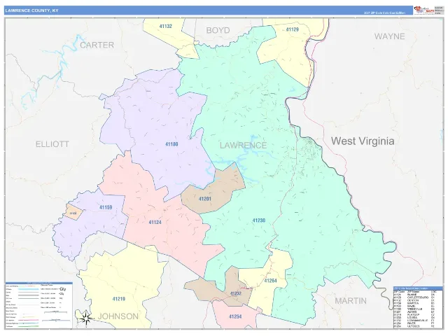 Lawrence County, KY ZIP Code Wall Map, ColorCast style